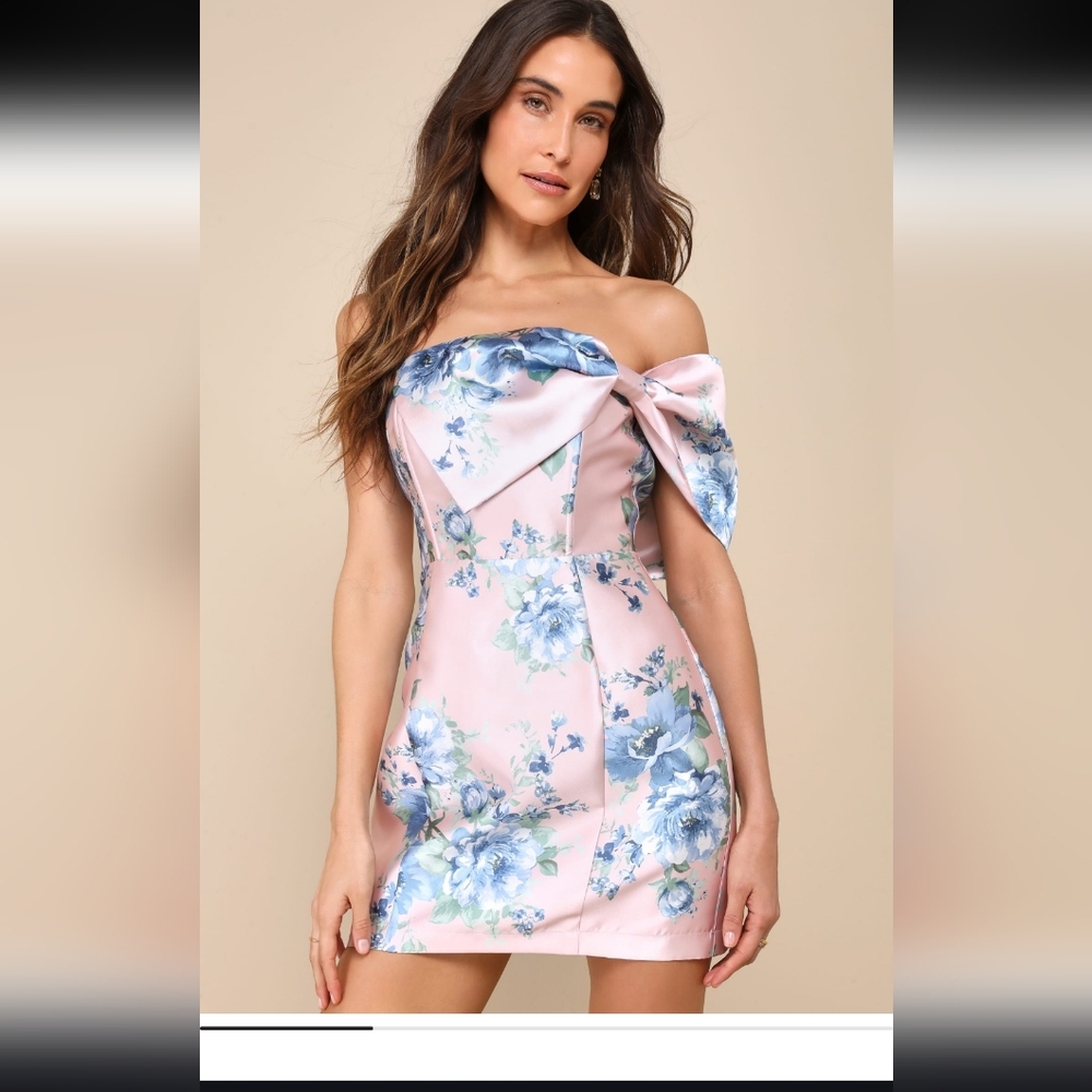 Lulus Soiree Darling Pink Floral Bow Off-the-Shoulder Mini Dress  NWT S Easter